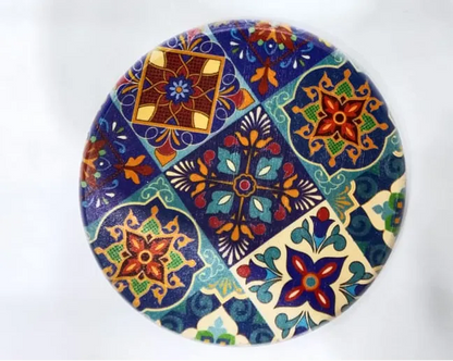 Printed Wooden Tea Coaster – Round Traditional Tile Mosaic Design