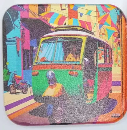 Printed Wooden Tea Coaster Set – Artistic Rickshaw & Abstract Art Design