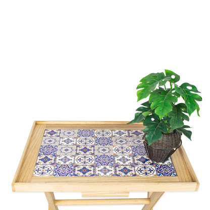 Blue Pottery Folding Wooden Serving Stand Table