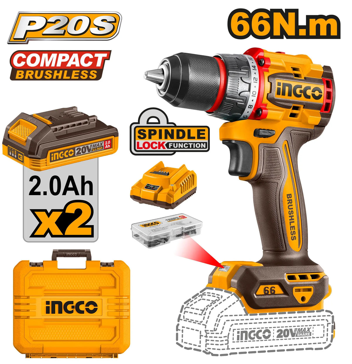 INGCO CDLI20668 Compact Brushless Cordless Drill Price in Pakistan Main image