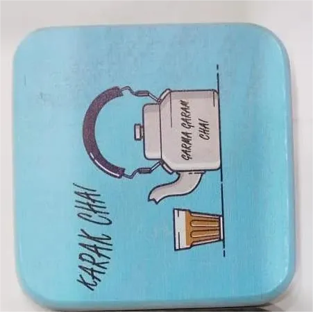 Printed Wooden Tea Coaster – Garam Chai Kettle Illustration & Urdu Quote Design