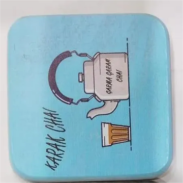 Printed Wooden Tea Coaster - Garam Chai Kettle Illustration & Urdu Quote Design