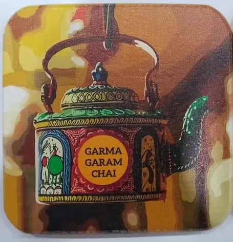Printed Wooden Tea Coaster – Garma Garam Chai Art & Funny Quote Design