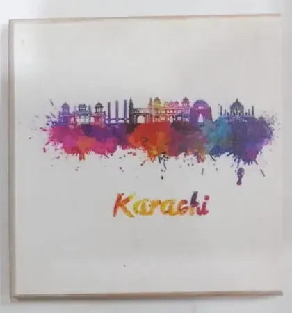 Printed Wooden Tea Coaster – Karachi Skyline Art & Floral Design Coaster