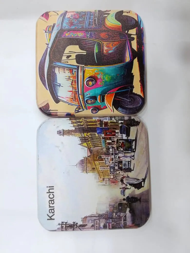 Printed Wooden Tea Coaster – Karachi Street Art & Colorful Rickshaw Design Price In Pakistan Main image