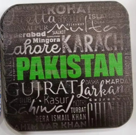 Printed Wooden Tea Coaster – Pakistan Typography Blue Tile Quote Pattern