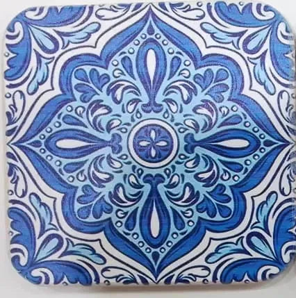 Printed Wooden Tea Coaster – Pakistan Typography Blue Tile Quote Pattern Main image