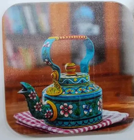 Printed Wooden Tea Coaster – Traditional Hand-Painted Kettle Art Design