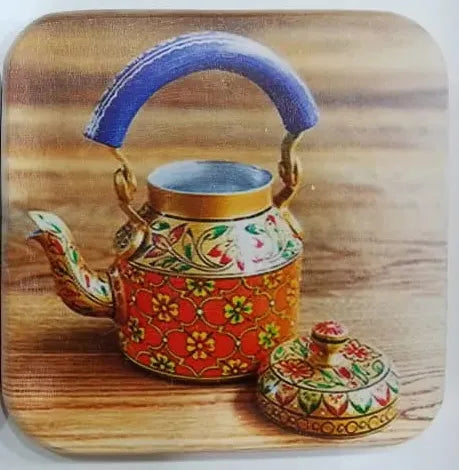 Printed Wooden Tea Coaster – Traditional Hand-Painted Kettle Art Design