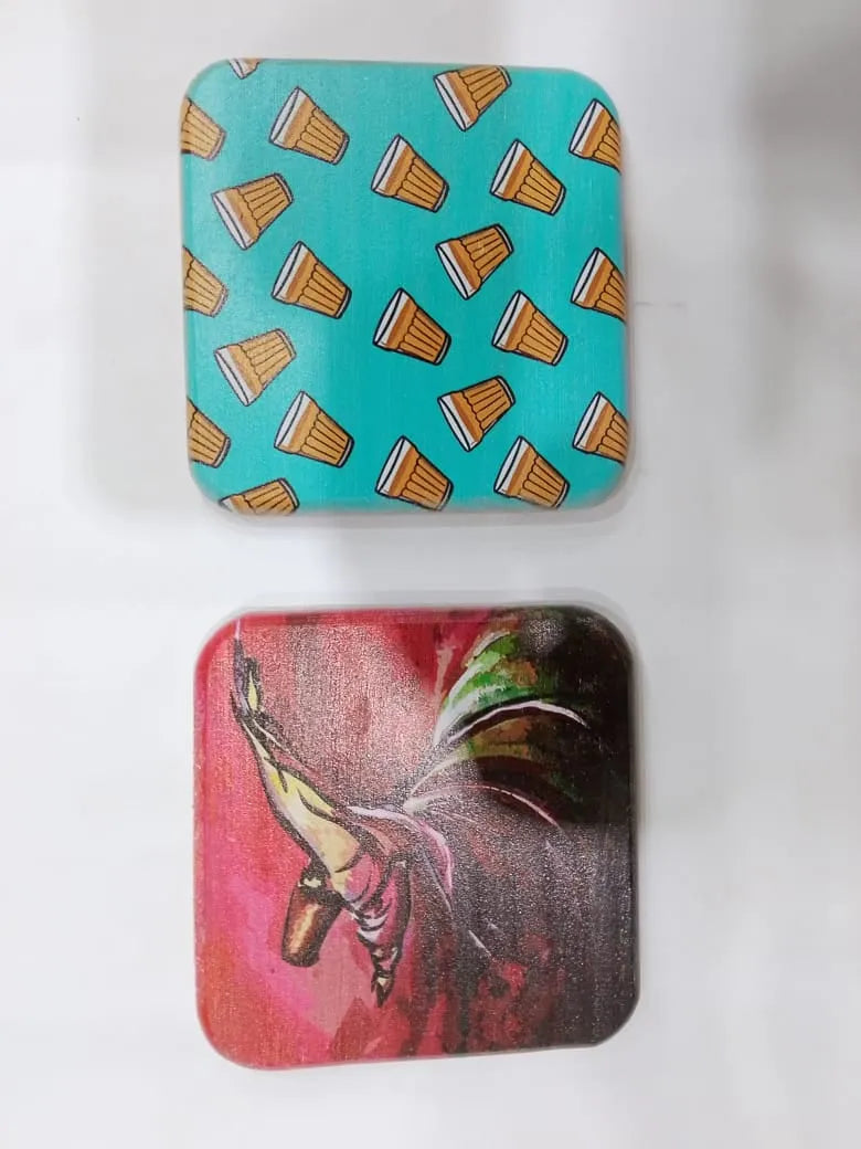 Printed Wooden Tea Coasters – Artistic & Fun Multicolor Designs